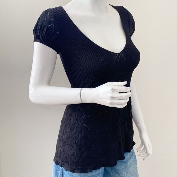NOT FOR SALE Vintage Y2K 00s Bebe Black Knit Short Sleeve Babydoll Top - Picture 2 of 6